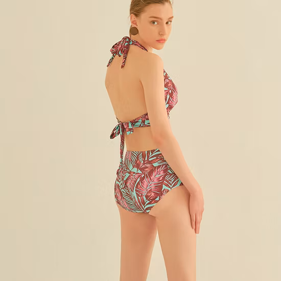 Private Label Women Ruffle-Strap Bikini High Waisted Bikini Custom Floral Print Swimming Suits/Bathing Suit