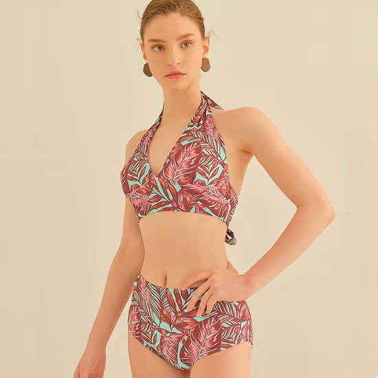 Private Label Women Ruffle-Strap Bikini High Waisted Bikini Custom Floral Print Swimming Suits/Bathing Suit