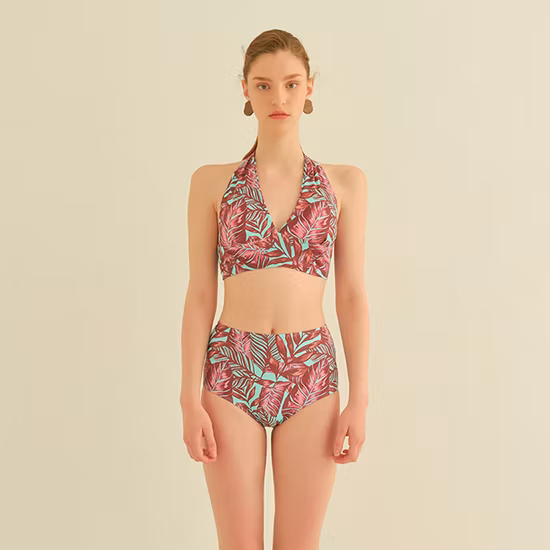 Private Label Damen-Bikini mit Rüschenträgern, hoch taillierter Bikini, individuelle Badeanzüge/Badeanzüge mit Blumendruck