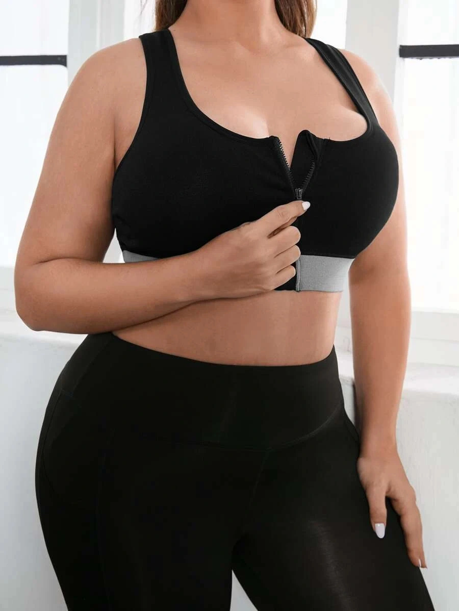 Sexy Plus Black Seamless with Front Zipper Women Sport Bra