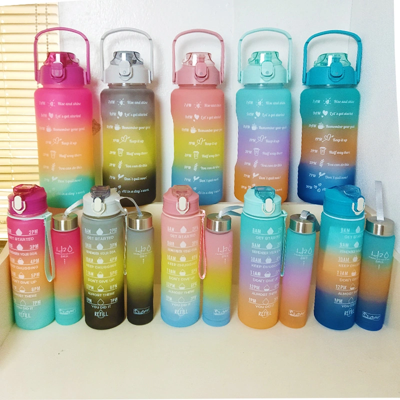 Gradient Color Motivational Plastic Sport Fitness Water Bottle Set with Time Maker