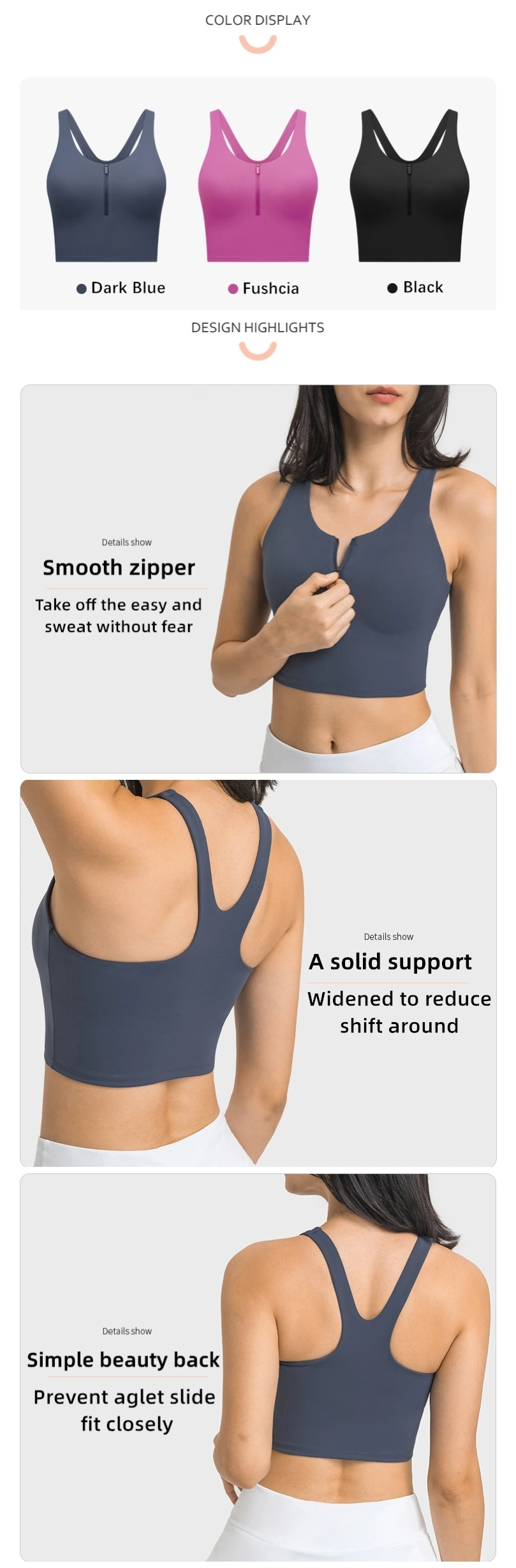 Xsunwing Best Selling New Style Fitness Bra Women Clothing Front Zipper Cross Beautiful Back Sexy Vest Underwear Shockproof Gym Wear Sports Bra