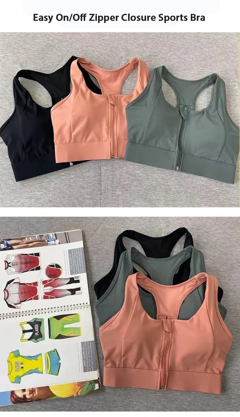 Factory Wholesale Hot Sexy Zip Front Activewear Sports Bra for Women, Custom Logo Sexy Hollow Back Wireless Bra with Removable Cups Zipper Yoga Top Bras